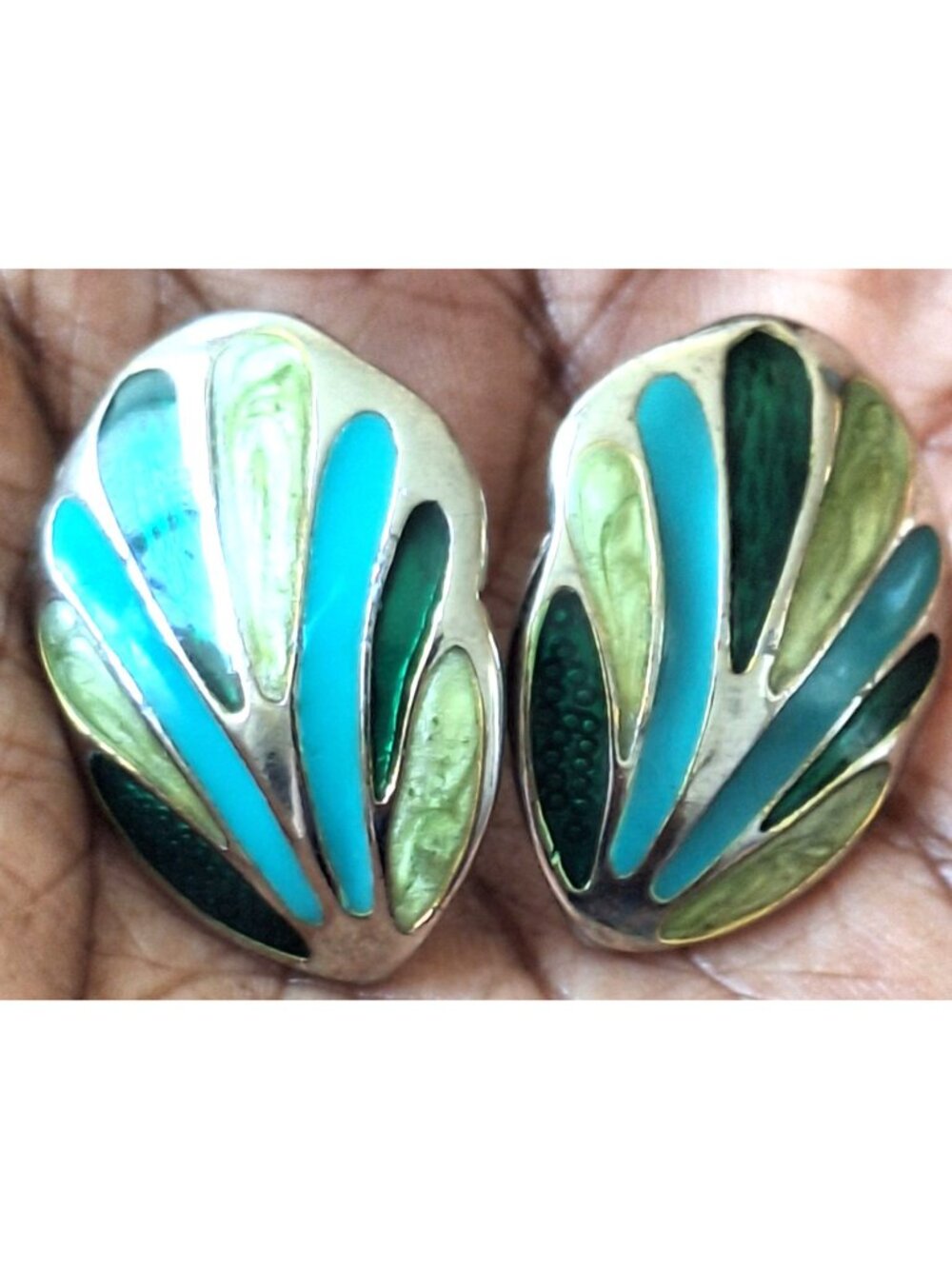 Vintage 1980s Silver-Tone Teal & Green Enamel Fan Pierced Post Earrings